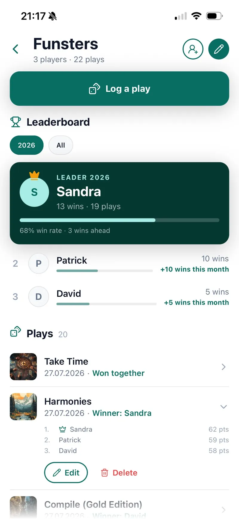 Play group with yearly leaderboard in the Lunedo app