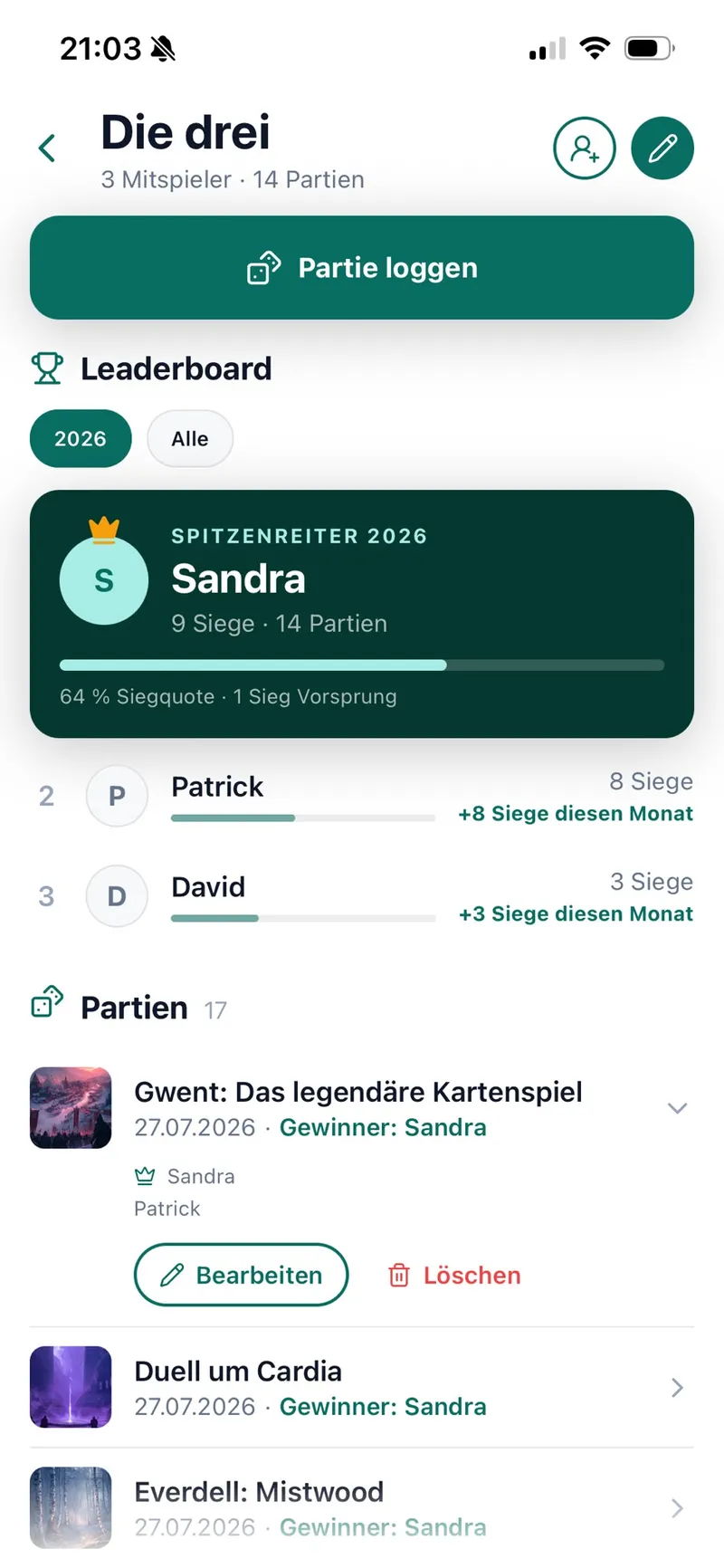 Spielgruppe mit Jahres-Leaderboard in der Lunedo App