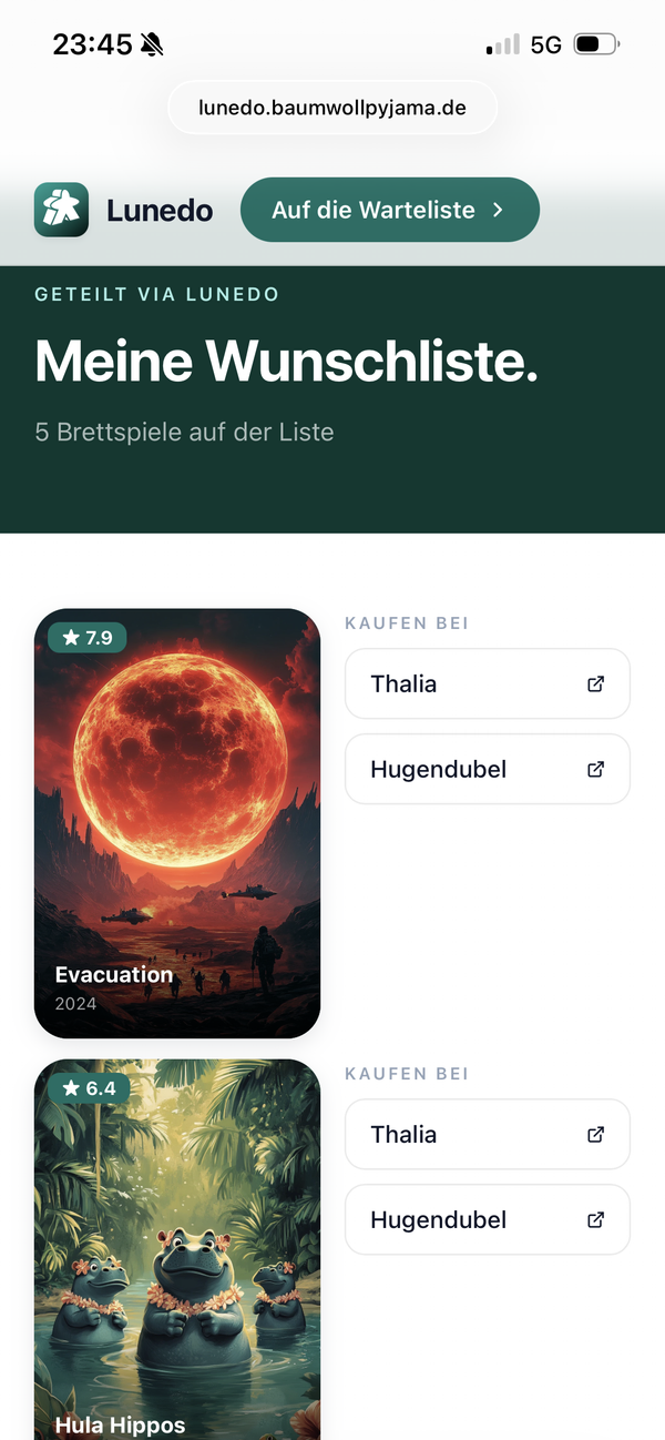 Wunschliste und Sammlung in der Lunedo App